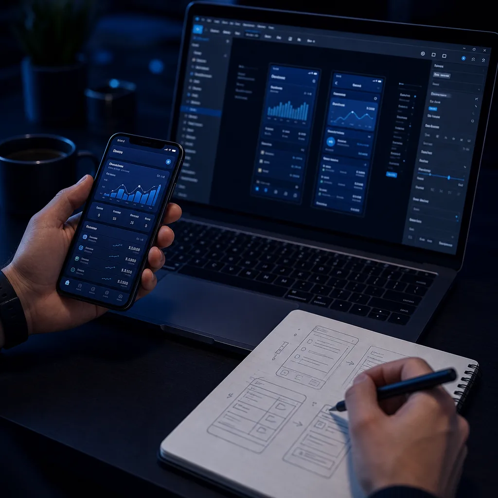 มือกำลังทำงานผ่านแล็ปท็อปที่แสดงเครื่องมือออกแบบ UI โทรศัพท์ที่แสดงแดชบอร์ดแอป และภาพร่างไวร์เฟรมบนโต๊ะสีเข้ม