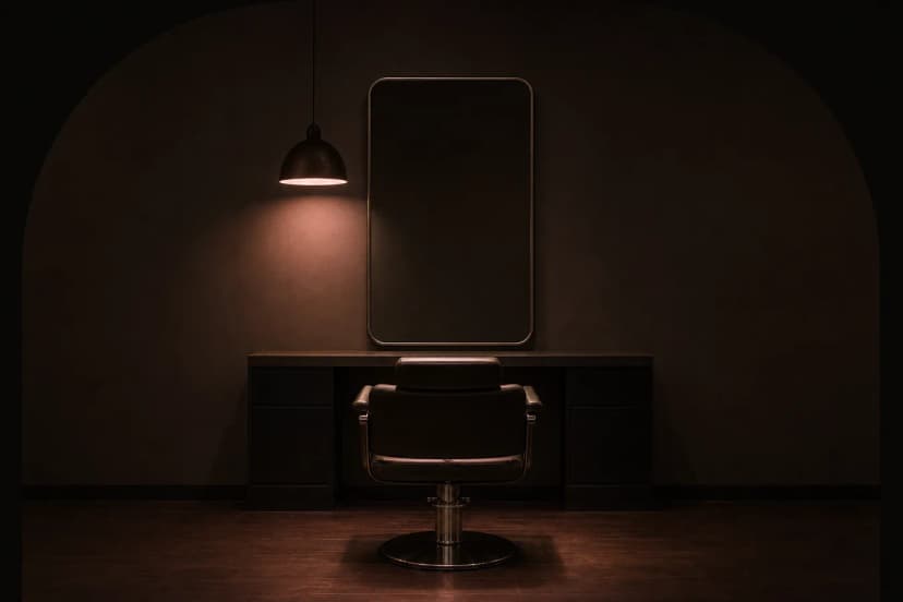 A quiet salon interior at dusk — one styling chair under a warm lamp beside a tall mirror